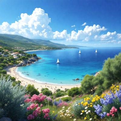 The primary subject of the image is a beautiful beach scene with a clear blue ocean and a sandy shore. The setting includes a mountainous background, adding to the picturesque view. The visual style of the image is a combination of photo and digital art, creating a vibrant and lively atmosphere. The dominant colors in the scene are blue, green, and white, with the addition of pink flowers, which contribute to the overall mood of the image.
